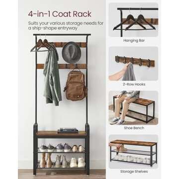 VASAGLE Coat Rack, Hall Tree with Shoe Bench for Entryway, Entryway Bench with Coat Rack, 4-in-1, with 9 Removable Hooks, a Hanging Rod, 13.3 x 28.3 x 72.1 Inches, Rustic Brown and Black UHSR40B