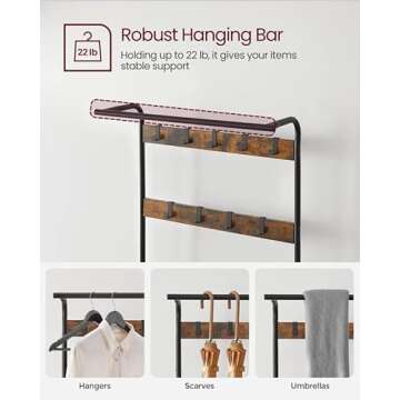 VASAGLE Coat Rack, Hall Tree with Shoe Bench for Entryway, Entryway Bench with Coat Rack, 4-in-1, with 9 Removable Hooks, a Hanging Rod, 13.3 x 28.3 x 72.1 Inches, Rustic Brown and Black UHSR40B