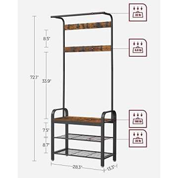 VASAGLE Coat Rack, Hall Tree with Shoe Bench for Entryway, Entryway Bench with Coat Rack, 4-in-1, with 9 Removable Hooks, a Hanging Rod, 13.3 x 28.3 x 72.1 Inches, Rustic Brown and Black UHSR40B