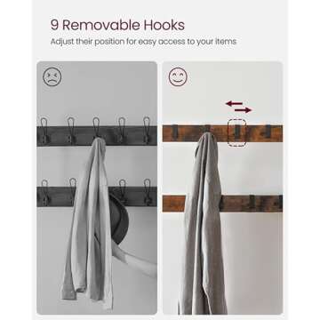 VASAGLE Coat Rack, Hall Tree with Shoe Bench for Entryway, Entryway Bench with Coat Rack, 4-in-1, with 9 Removable Hooks, a Hanging Rod, 13.3 x 28.3 x 72.1 Inches, Rustic Brown and Black UHSR40B