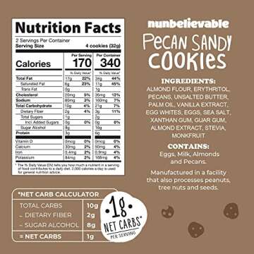 Nunbelievable Low Carb Cookies Pecan Sandy, Low Carb Snack, Keto Dessert, Gluten Free and Sugar Free Snacks - Diabetic snacks for adults with no sugar 2.26oz (4 Count)