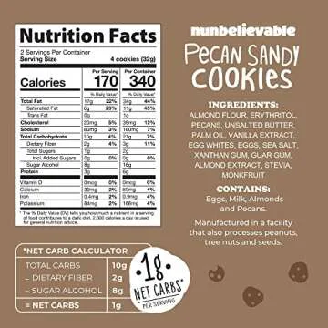 Nunbelievable Low Carb Cookies Pecan Sandy, Low Carb Snack, Keto Dessert, Gluten Free and Sugar Free Snacks - Diabetic snacks for adults with no sugar 2.26oz (4 Count)
