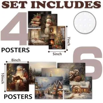Whaline 10 Sheet Vintage Christmas Wall Art Prints Snow Scene Santa Xmas Tree Posters Retro Warm Sea...