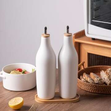 Sweejar Matte Ceramic Olive Oil Dispenser Bottles with Bamboo Tray, 17 Oz Oil Dispenser Set for Kitchen Counter, Opaque Oil Cruet for Cooking, EVOO, Vinegar, Avocado Oil, Pack of 2 (White & Tray)