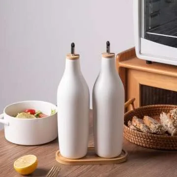 Sweejar Matte Ceramic Olive Oil Dispenser Bottles with Bamboo Tray, 17 Oz Oil Dispenser Set for Kitchen Counter, Opaque Oil Cruet for Cooking, EVOO, Vinegar, Avocado Oil, Pack of 2 (White & Tray)