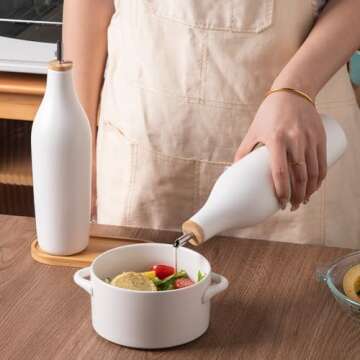 Sweejar Matte Ceramic Olive Oil Dispenser Bottles with Bamboo Tray, 17 Oz Oil Dispenser Set for Kitchen Counter, Opaque Oil Cruet for Cooking, EVOO, Vinegar, Avocado Oil, Pack of 2 (White & Tray)