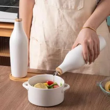 Sweejar Matte Ceramic Olive Oil Dispenser Bottles with Bamboo Tray, 17 Oz Oil Dispenser Set for Kitchen Counter, Opaque Oil Cruet for Cooking, EVOO, Vinegar, Avocado Oil, Pack of 2 (White & Tray)