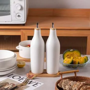 Sweejar Matte Ceramic Olive Oil Dispenser Bottles with Bamboo Tray, 17 Oz Oil Dispenser Set for Kitchen Counter, Opaque Oil Cruet for Cooking, EVOO, Vinegar, Avocado Oil, Pack of 2 (White & Tray)