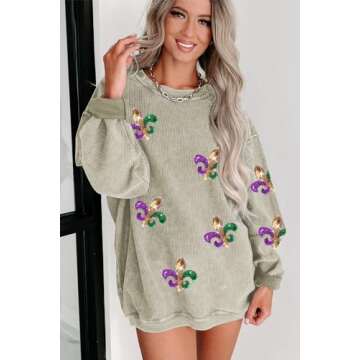 MARZXIN Women 2025 Holiday Casual Mardi Gras Sweatshirts Long Sleeve Sequin Sweatshirt Fashion Glitt...