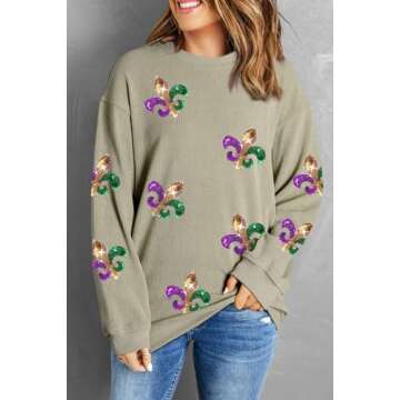MARZXIN Women 2025 Holiday Casual Mardi Gras Sweatshirts Long Sleeve Sequin Sweatshirt Fashion Glitter Hoodies Outfits Mardi Gras Green 2XL
