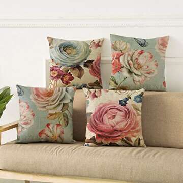 WOMHOPE Set of 4 Vintage Spring Flower Decorative Throw Pillow Covers Pillow Cases Cushion Cases Burlap Toss Throw Pillow Covers 18 x 18 Inch for Living Room,Couch and Bed (Pink Flower)