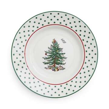 Spode Christmas Tree 6" Polka Dot Tidbit Plates (Set of 4) - Round Appetizer Plates with Festive Polka Dot Border - Dishwasher, Microwave, Freezer Safe Porcelain for Holiday Entertaining