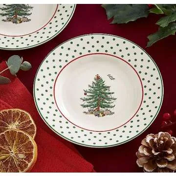 Spode Christmas Tree 6" Polka Dot Tidbit Plates (Set of 4) - Round Appetizer Plates with Festive Polka Dot Border - Dishwasher, Microwave, Freezer Safe Porcelain for Holiday Entertaining