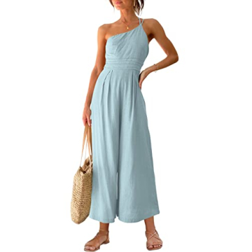 ANRABESS Women's Stylish One Shoulder Pleated Wide Leg Jumpsuit with Pockets - Perfect for Summer Ca...