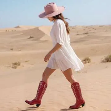 DREAMCIA Embroidered Western Boots for Women Cowboy Boots Wide Mid Calf Western Cowgirl Boots with Pointed Toe Chunky Heel Western Knee High Boots Red -7