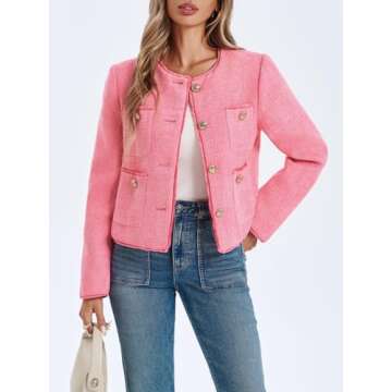Cicy Bell Womens Cropped Tweed Blazer Collarless Casual Business Suit Jacket Fall Elegant Outerwear Pink