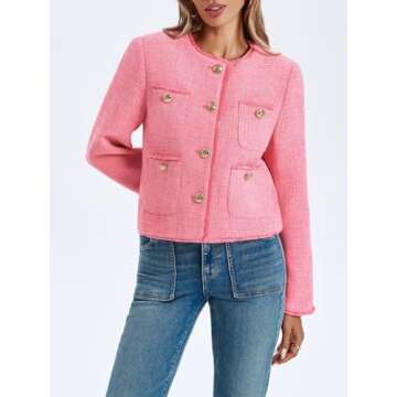 Cicy Bell Womens Cropped Tweed Blazer Collarless Casual Business Suit Jacket Fall Elegant Outerwear Pink