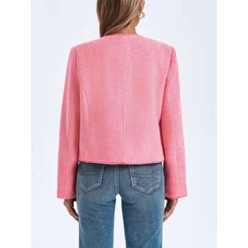 Cicy Bell Womens Cropped Tweed Blazer Collarless Casual Business Suit Jacket Fall Elegant Outerwear Pink