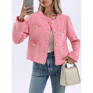 Cicy Bell Womens Cropped Tweed Blazer Collarless Casual Business Suit Jacket Fall Elegant Outerwear Pink