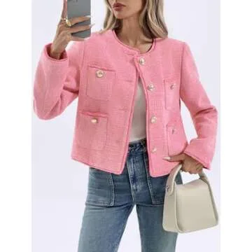 Cicy Bell Womens Cropped Tweed Blazer Collarless Casual Business Suit Jacket Fall Elegant Outerwear Pink