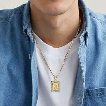 KissYan Initial Letter Pendant Necklace for Men Women, 14K Gold Plated Square Capital Monogram Necklace Alphabets from A-Z Figaro Chain Jewelry (Gold, A)