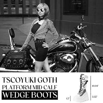 Tscoyuki Womens Goth Platform Boots Chunky Wedge Heel Rave Combat Boots Lace Up and Zipper Round Toe Mid Calf Boot for Concert Festival