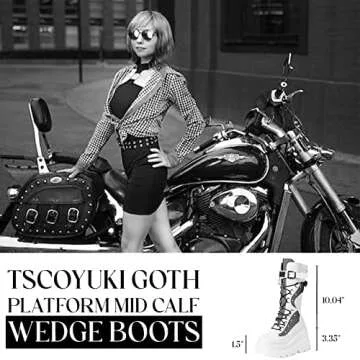Tscoyuki Womens Goth Platform Boots Chunky Wedge Heel Rave Combat Boots Lace Up and Zipper Round Toe Mid Calf Boot for Concert Festival
