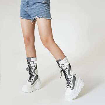 Tscoyuki Womens Goth Platform Boots Chunky Wedge Heel Rave Combat Boots Lace Up and Zipper Round Toe Mid Calf Boot for Concert Festival