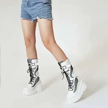 Tscoyuki Womens Goth Platform Boots Chunky Wedge Heel Rave Combat Boots Lace Up and Zipper Round Toe Mid Calf Boot for Concert Festival