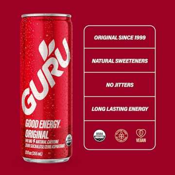 GURU Original Organic Energy Drinks, Clean Energy Drink with Plant Based Natural Caffeine from Green Tea, Gluten Free and Vegan, 140MG Caffeine, Healthy Drinks, 12oz (Pack of 12)