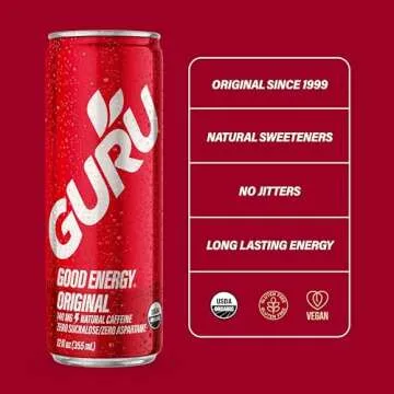 GURU Original Organic Energy Drinks, Clean Energy Drink with Plant Based Natural Caffeine from Green Tea, Gluten Free and Vegan, 140MG Caffeine, Healthy Drinks, 12oz (Pack of 12)