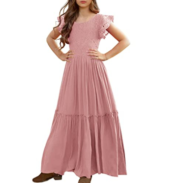 Elegant MITILLY Girls Lace Flower Ruffle Sleeve Maxi Dress with Pockets