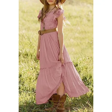 MITILLY Girls Lace Flower Ruffle Sleeve Maxi Dress