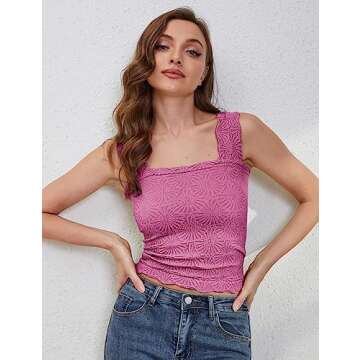 PICPUNMAK Square Neck Floral Fringe Crop Tank Top