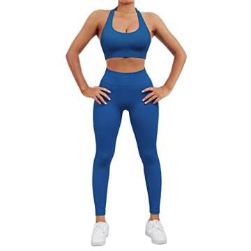 SUUKSESS Women Two Piece Seamless Ribbed Workout Sets Outfits Backless Halter Sports Bra Booty Biker Leggings (#1 Royal Blue, M)