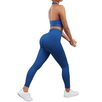 SUUKSESS Women Two Piece Seamless Ribbed Workout Sets Outfits Backless Halter Sports Bra Booty Biker Leggings (#1 Royal Blue, M)