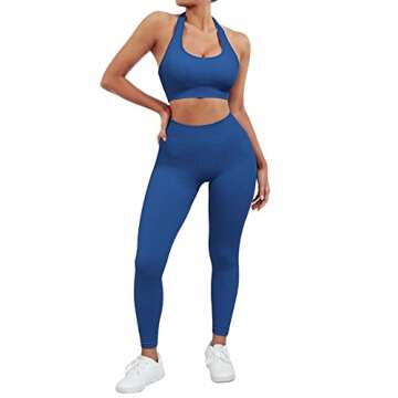 SUUKSESS Women Two Piece Seamless Ribbed Workout Sets Outfits Backless Halter Sports Bra Booty Biker Leggings (#1 Royal Blue, M)