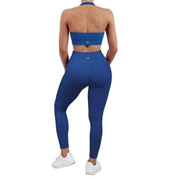 SUUKSESS Women Two Piece Seamless Ribbed Workout Sets Outfits Backless Halter Sports Bra Booty Biker Leggings (#1 Royal Blue, M)