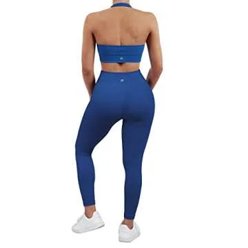 SUUKSESS Women Two Piece Seamless Ribbed Workout Sets Outfits Backless Halter Sports Bra Booty Biker Leggings (#1 Royal Blue, M)
