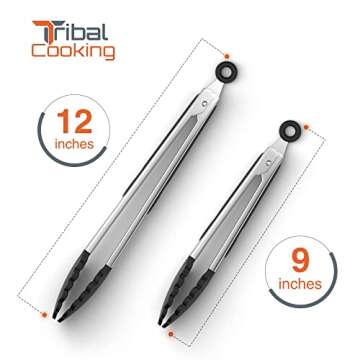 Tribal Cooking Kitchen Tongs with Silicone Tips - Stainless Steel tongs for cooking - 9" and 12" Tongs With Silicone Rubber Grips, Small and Large - Metal BBQ Tongs with Locking