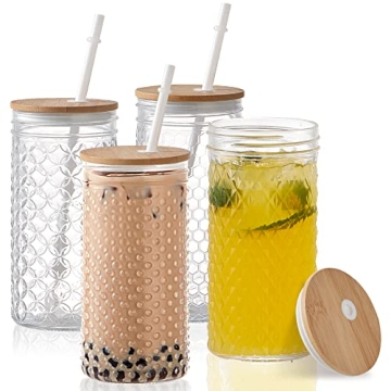 Hyperspace 4Pack Glass Tumblers with Bamboo Lids and Straws, 24 OZ Wide Mouth Mason Jar Drinking Gla...