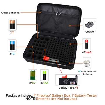 Fireproof Battery Organizer Storage Case Waterproof & Explosionproof, Safe Bag Fits 210+ Batteries Case - with Tester BT-168, Carrying Container Bag Energy Batteries AA AAA C D 9V Lithium 3V Holder