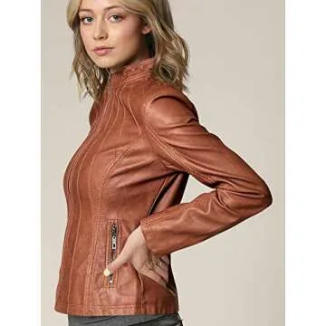 MBJ WJC877 Womens Panelled Faux Leather Moto Jacket L CAMEL