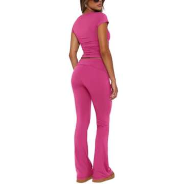REORIA Women's Summer Casual Outfits Pajama Sets Crew Neck Short Sleeve Crop Top Fold Over Flare Pants Y2K Soft 2 Piece matching Lounge Sets Rose Red Small
