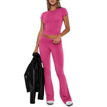 REORIA Women's Summer Casual Outfits Pajama Sets Crew Neck Short Sleeve Crop Top Fold Over Flare Pants Y2K Soft 2 Piece matching Lounge Sets Rose Red Small