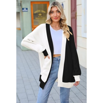 2024 Fall Casual Cardigan for Women Long Sleeve Open Front Ribbed Knit Oversized Cardigans Sweaters with Pockets Black/White M