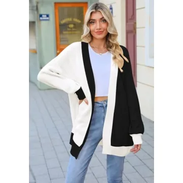2024 Fall Casual Cardigan for Women Long Sleeve Open Front Ribbed Knit Oversized Cardigans Sweaters with Pockets Black/White M