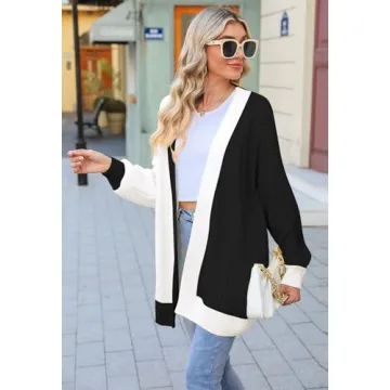 2024 Fall Casual Cardigan for Women Long Sleeve Open Front Ribbed Knit Oversized Cardigans Sweaters with Pockets Black/White M