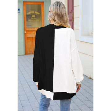 2024 Fall Casual Cardigan for Women Long Sleeve Open Front Ribbed Knit Oversized Cardigans Sweaters with Pockets Black/White M