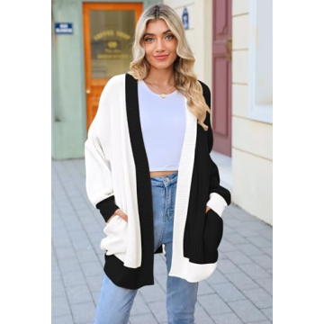 2024 Fall Casual Cardigan for Women Long Sleeve Open Front Ribbed Knit Oversized Cardigans Sweaters with Pockets Black/White M
